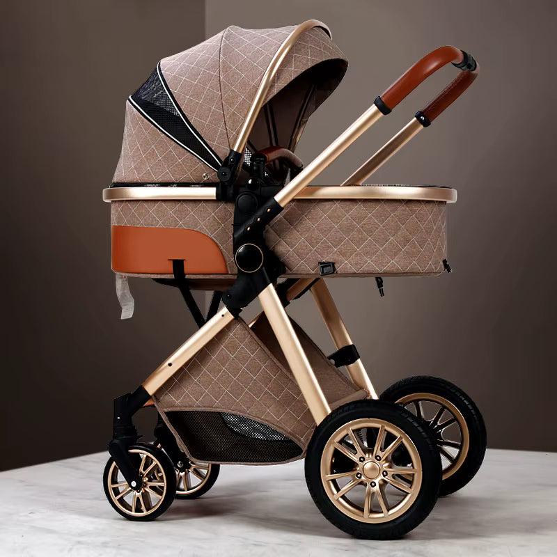 Luxury 2-in-1 Baby Stroller, Foldable Travel Stroller for Newborn to Toddler, Convertible Stroller with All-Terrain Wheels and UPF 50+ Canopy, Baby Glide Brown Stroller
