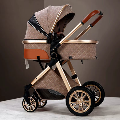 Luxury 2-in-1 Baby Stroller, Foldable Travel Stroller for Newborn to Toddler, Convertible Stroller with All-Terrain Wheels and UPF 50+ Canopy, Baby Glide Brown Stroller