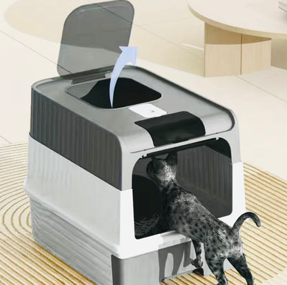 Cat litter drawer with foldable cover and plastic scoop