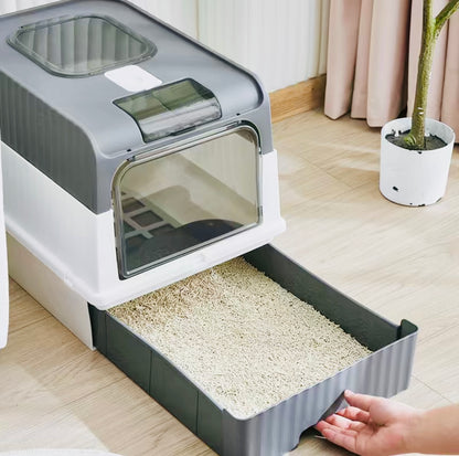 Cat litter drawer with foldable cover and plastic scoop