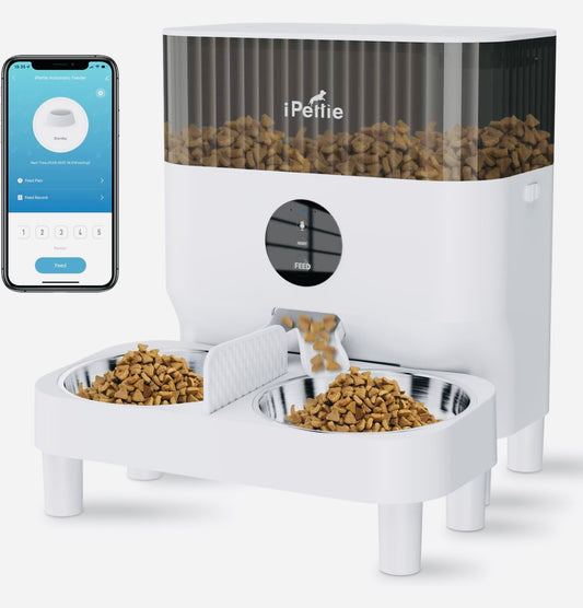 iPettie Automatic WiFi Pet Feeder for 2 Pets, 5L/21 Cup Capacity, 1-10 Meals Per Day, Adjustable Bowl Height, Smart Dog Cat Feeder with 2 Stainless Steel Bowls, Voice Recording, 2.4G WiFi App Control