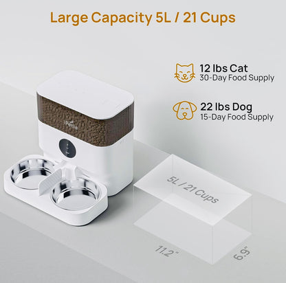 iPettie Automatic WiFi Pet Feeder for 2 Pets, 5L/21 Cup Capacity, 1-10 Meals Per Day, Adjustable Bowl Height, Smart Dog Cat Feeder with 2 Stainless Steel Bowls, Voice Recording, 2.4G WiFi App Control