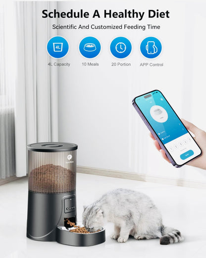 PETULTRA Automatic Cat Feeders WiFi, APP Control Dry Dog Cat Food Dispenser 4L, Timed Auto Pet Feeder Programmable, 10 Meals Per Day, Stainless Steel Bowl, Desiccant Bag, 10s Voice Recorder