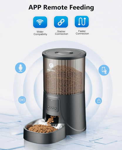 PETULTRA Automatic Cat Feeders WiFi, APP Control Dry Dog Cat Food Dispenser 4L, Timed Auto Pet Feeder Programmable, 10 Meals Per Day, Stainless Steel Bowl, Desiccant Bag, 10s Voice Recorder