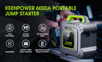 KeenPower 6000A Super Capacitor Battery-Less Portable Jump Starter for 12V Car, Built-in 6 * 3000F Supercapacitor, No Pre-Charging Need, Extremely Safe, Always Ready Jump Start All 12V Car