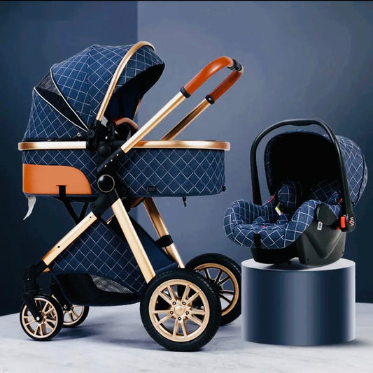 Luxury Multi-functional 3 in 1 Baby Stroller High Eggshell Pram Reclining Light Fold with Bassinet-Blue