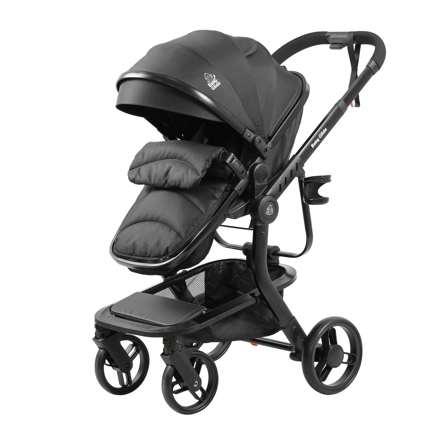 Luxury High Landscape Baby Stroller & Bassinet Travel System | One-Button Fold | High View | Baby Glide Black Stroller
