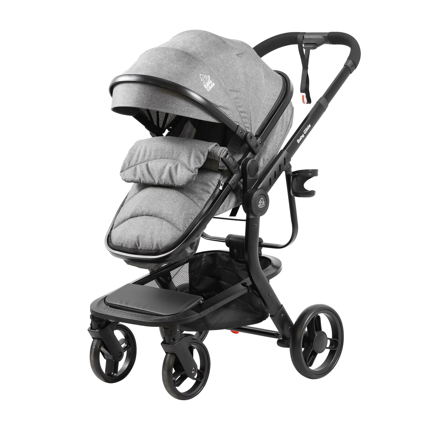 Baby Glide Luxury Reversible Baby Stroller – High Landscape Pram with Adjustable Push Handle, One-Hand Fold, Large Storage Basket, 5-Point Safety Harness, Extendable Canopy, Cup Holder & Australian Standard Tested