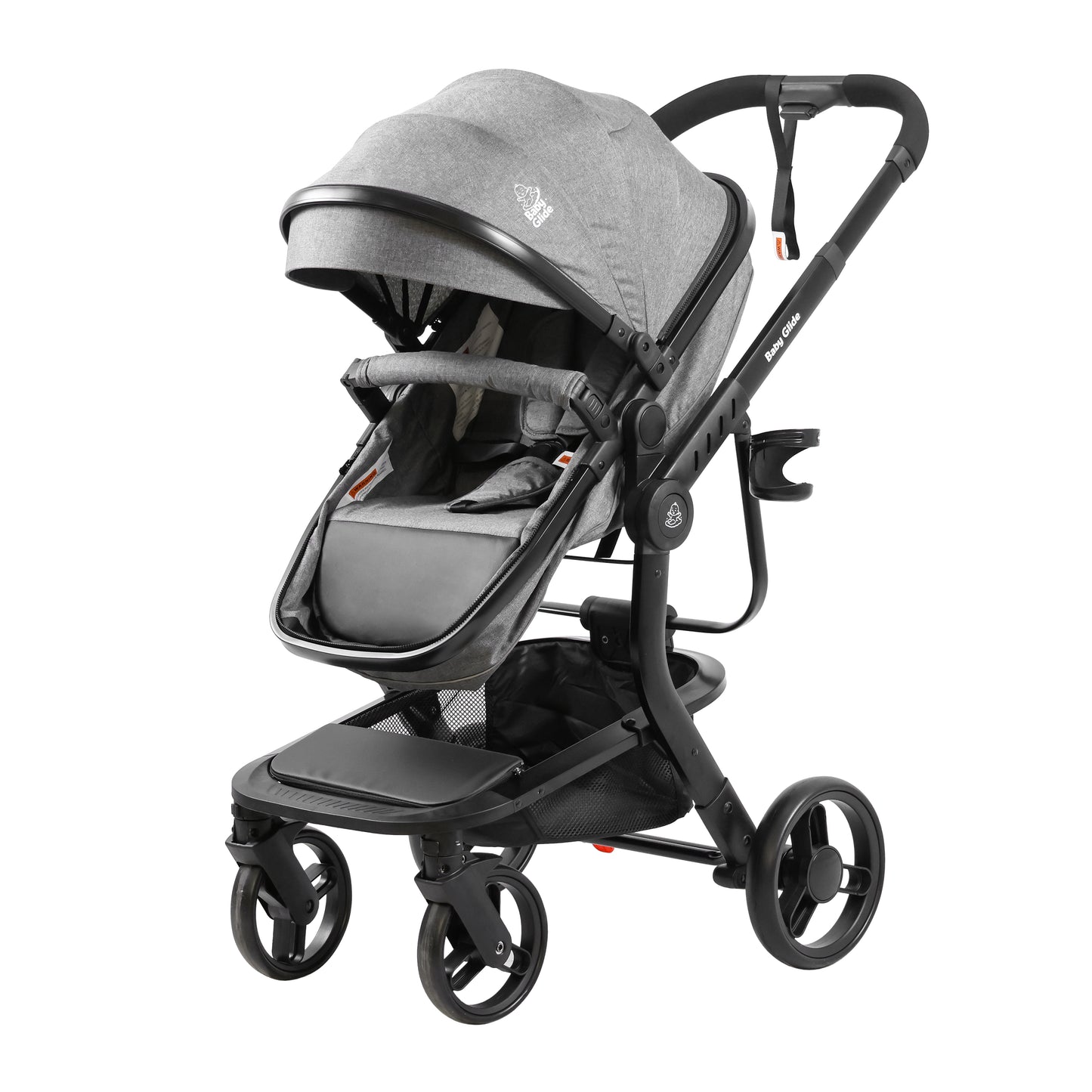 Baby Glide Luxury Reversible Baby Stroller – High Landscape Pram with Adjustable Push Handle, One-Hand Fold, Large Storage Basket, 5-Point Safety Harness, Extendable Canopy, Cup Holder & Australian Standard Tested