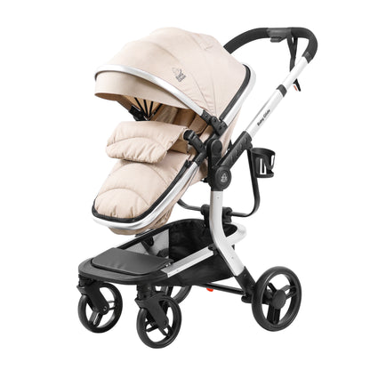 Luxury High Landscape Baby Stroller & Bassinet Travel System | One-Button Fold | High View-Beige