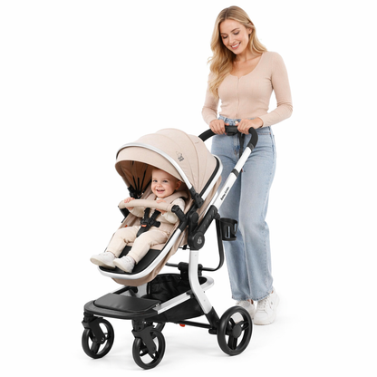 Luxury High Landscape Baby Stroller & Bassinet Travel System | One-Button Fold | High View-Beige