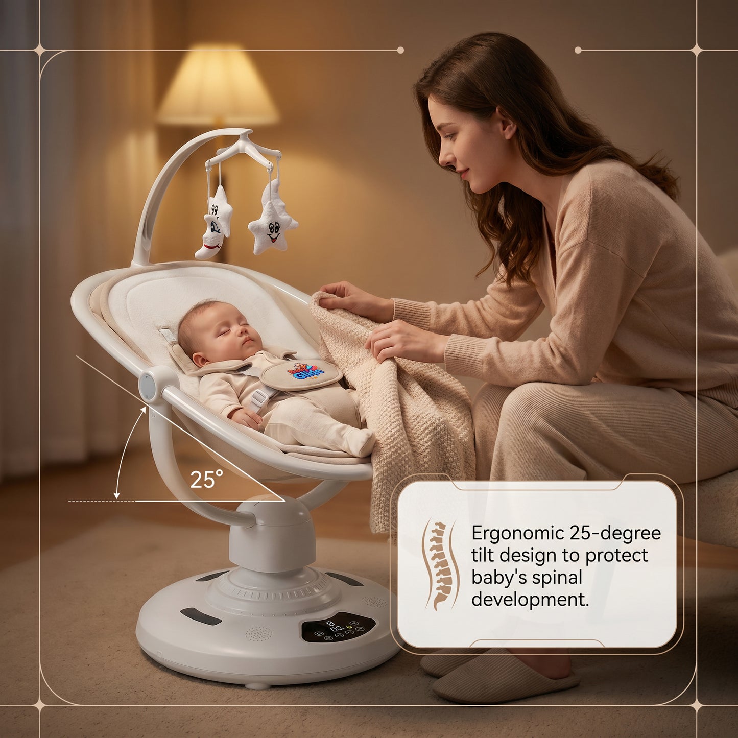Baby Glide Electric Baby Swing – Smart Bluetooth Baby Rocker with Remote Control & 5 Swing Speeds,BEIGE