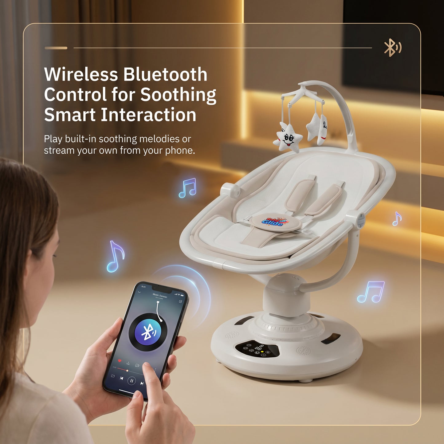 Baby Glide Electric Baby Swing – Smart Bluetooth Baby Rocker with Remote Control & 5 Swing Speeds,BEIGE