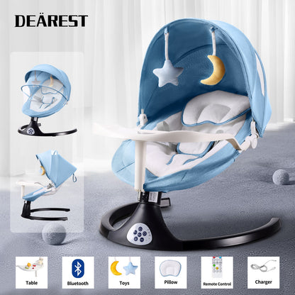 Baby Swing for Infants, 5 Speed Electric Bluetooth Baby Rocker for Newborn, 3 Timer Settings & 10 Pre-Set Lullabies, Portable Baby Rocker with Tray and Remote Control for 5-26 lbs, 0-12 Months,Blue