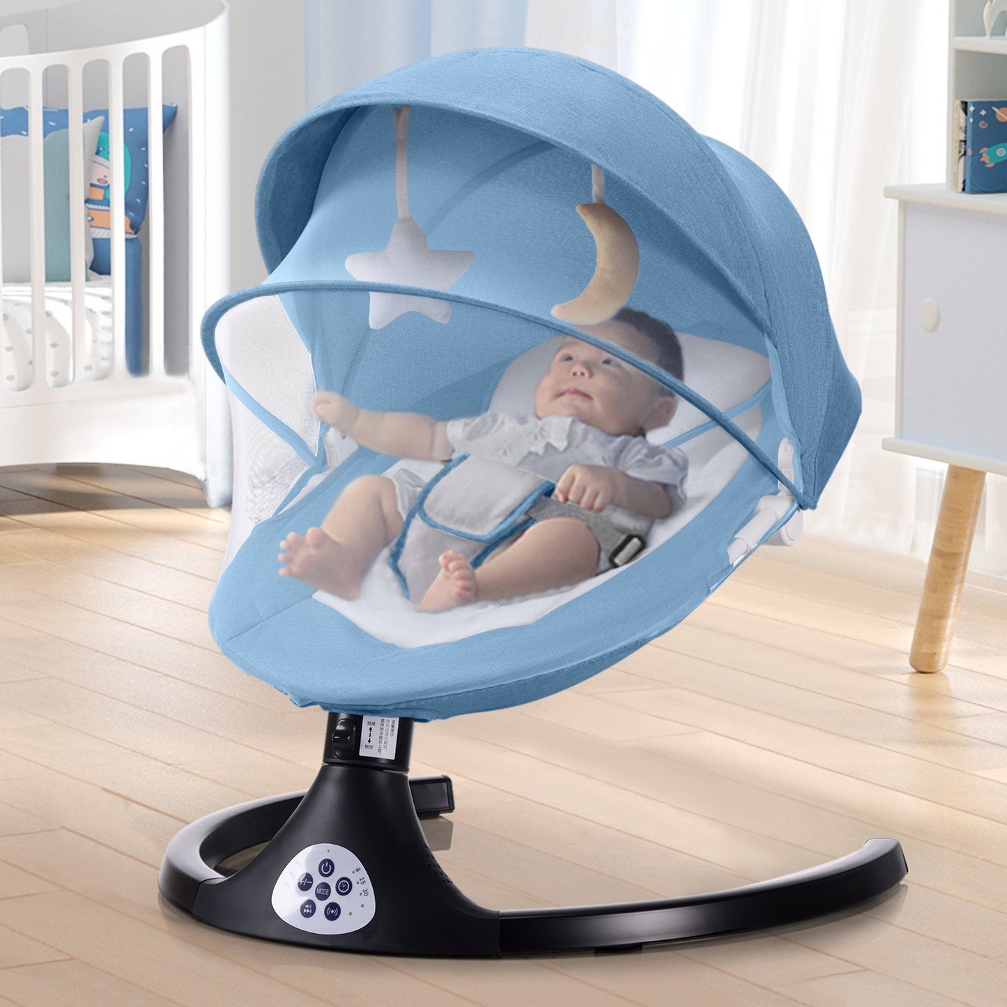 Baby Swing for Infants, 5 Speed Electric Bluetooth Baby Rocker for Newborn, 3 Timer Settings & 10 Pre-Set Lullabies, Portable Baby Rocker with Tray and Remote Control for 5-26 lbs, 0-12 Months,Blue