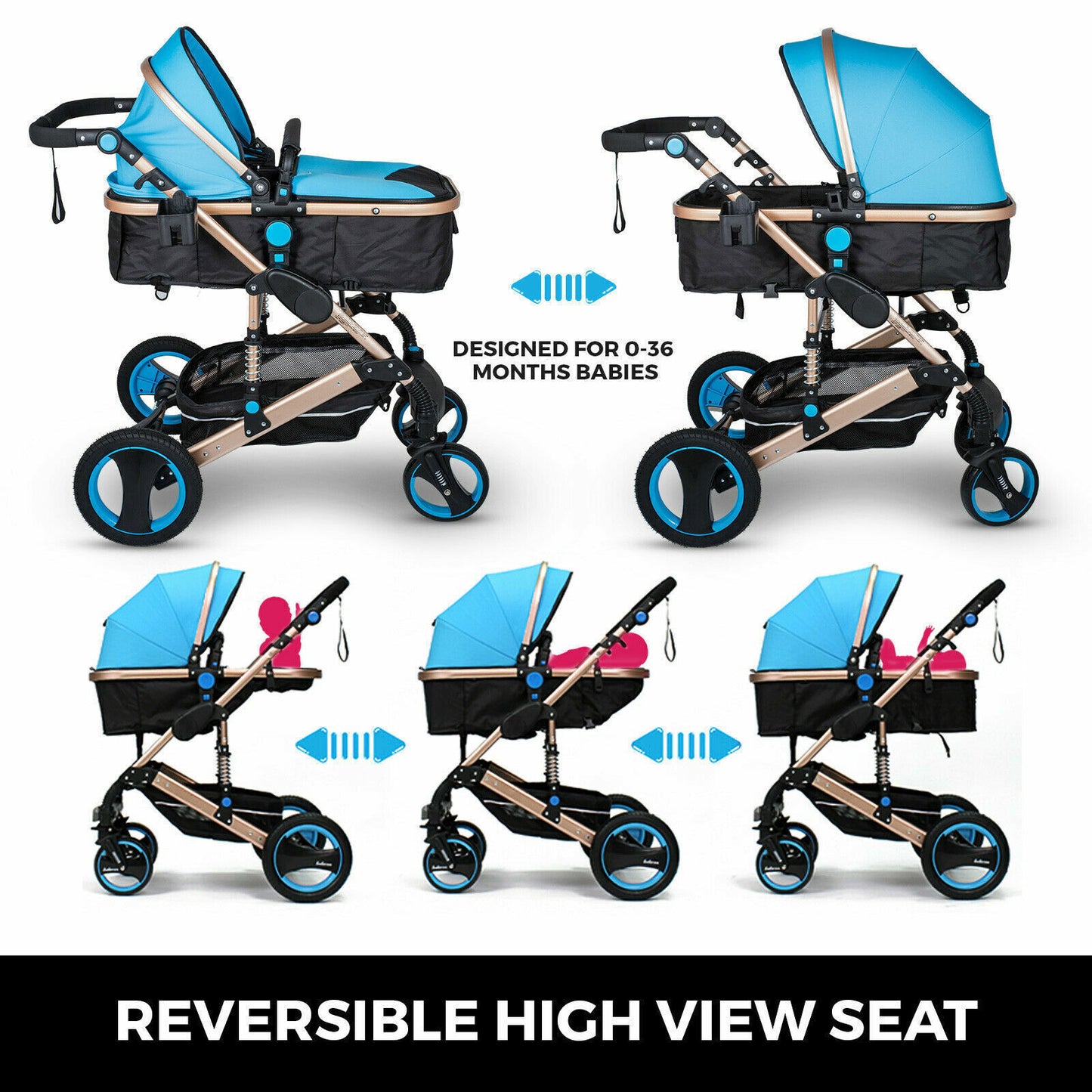 Reversible Baby Pram Stroller Bassinet Shock Absorbers Jogger Push Chair 9 in 1