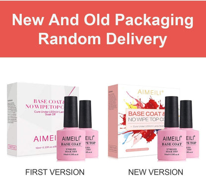 AIMEILI Soak Off UV LED Gel Nail Polish - Base And No Wipe Top Coat Kit Set 10ML