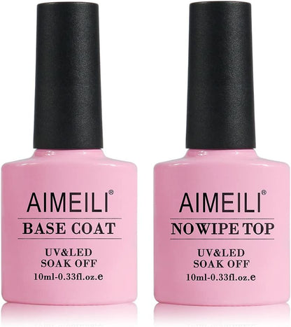 AIMEILI Soak Off UV LED Gel Nail Polish - Base And No Wipe Top Coat Kit Set 10ML