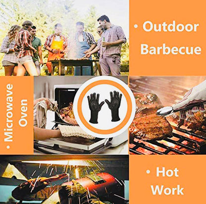 BBQ Grill Gloves Heat Resistant Kitchen Oven Silicone Non-Slip Glove for Cooking, Baking, Welding, Fireplace, Cutting and Outdoor Camping (Black)