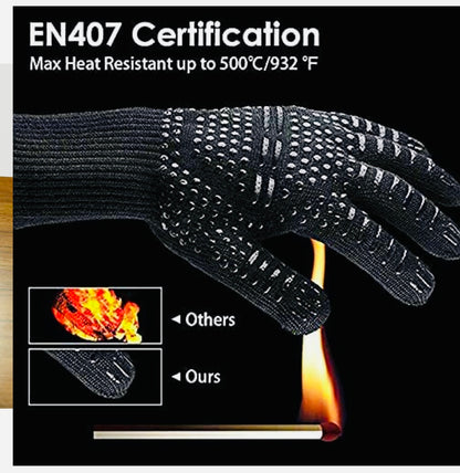 BBQ Grill Gloves Heat Resistant Kitchen Oven Silicone Non-Slip Glove for Cooking, Baking, Welding, Fireplace, Cutting and Outdoor Camping (Black)
